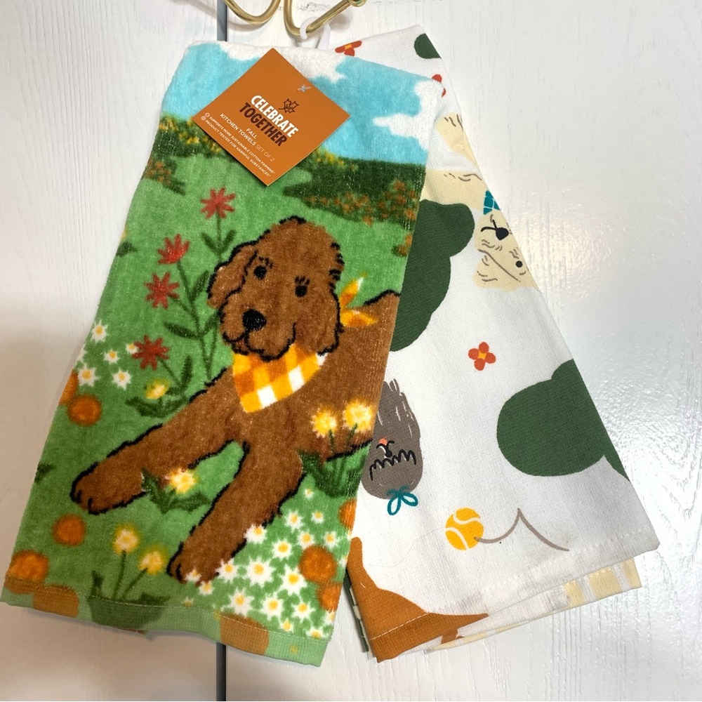 NWT. Fall kitchen towels Set of 2 kitchen towels. towels poodle doodle dogs.